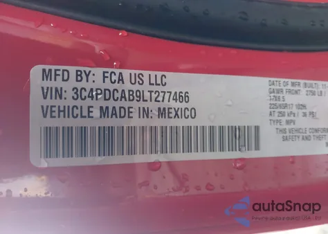 2020 Dodge Journey Se Value z USA, uszkodzony, nr VIN 3C4PDCAB9LT277466